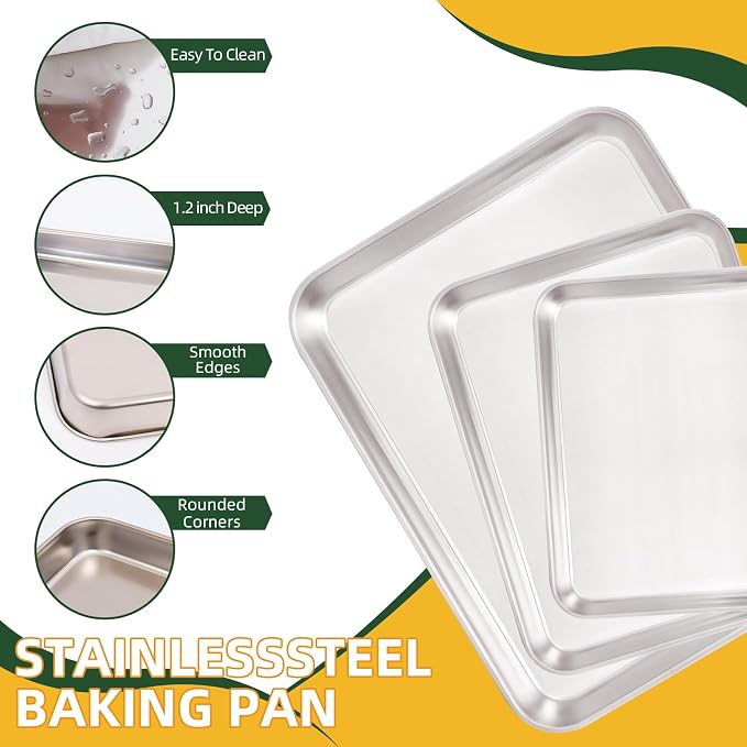 4 PCS Stainless Steel Baking Sheet Set 10/12/16 Inch with Cooling Rack | Heavy Duty Rust Resistant Baking Pans Set, Mirror Finish, Easy Clean, Dishwasher Safe for Oven Baking Roasting