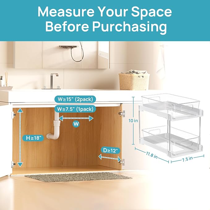 Vtopmart 2 Pack Pull Out Bathroom Under Sink Organizer (S-Standard, White) | Slide-out drawers, Multi-purpose storage, Clear visibility, Easy Set-up