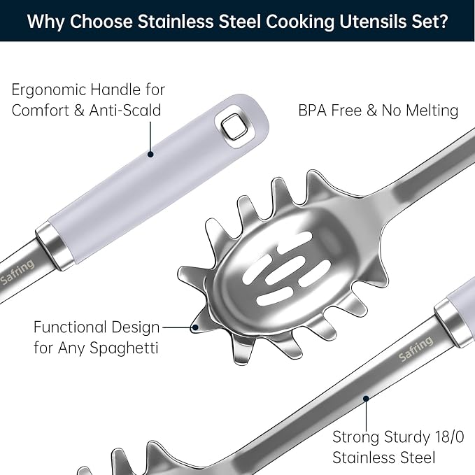 Safring Stainless Steel Soup Ladle and Spaghetti Spoon Set, Heat Resistant Rubber Handle, Dishwasher Safe, Kitchen Utensils for Cooking, Stirring, Serving Pasta, Soup & Sauce (Lavender)