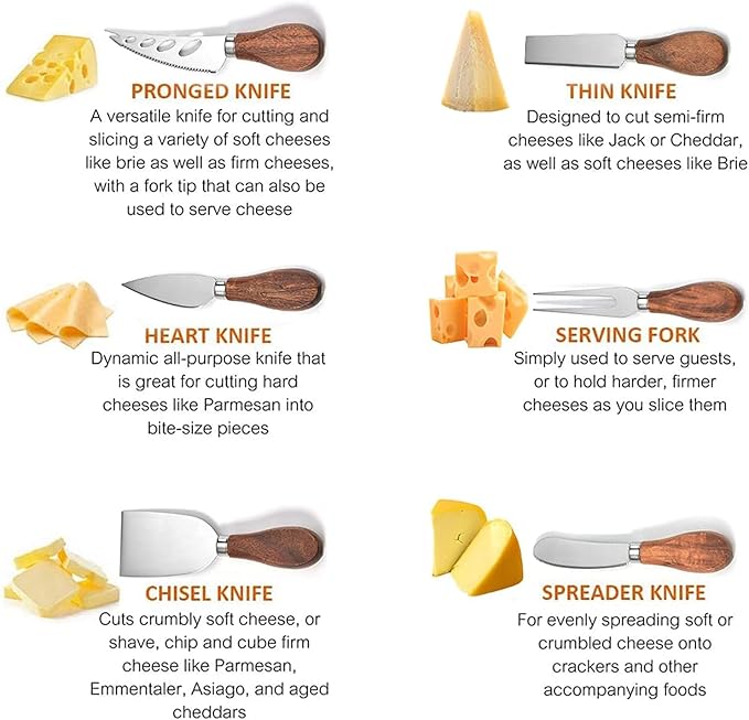 YUANQIAN Cheese Knife Set with Acacia Wood Handles - Cheese Knife, Spreader, Fork, Slicer - Mini Stainless Steel Cheese Tools for Charcuterie Boards (6Pcs/Set, S)