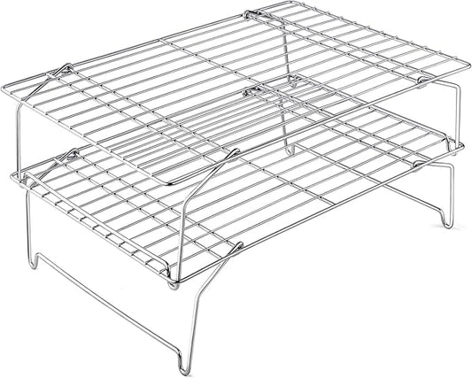 Leonyo 2-Tier 15x10IN Stackable Cooling Racks for Cooking Baking | Stainless Steel Wire Cooking Racks, Collapsible Cookies Cooling Racks for Pizza with Raised Legs, Dishwasher Safe