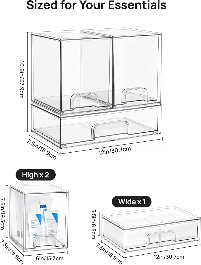 Vtopmart Clear Stackable Storage Drawers Set of 3, Plastic Organizer Bins | Multi-purpose Boxes for Baby Bottle Storage, Ideal for Kichen, Vanity, Bathroom, Undersink, Cabinet, Pantry Organization