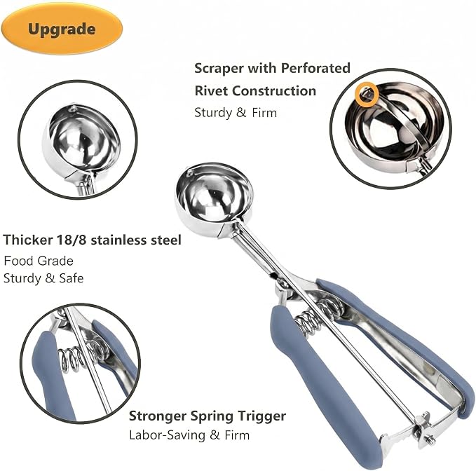 Cookie Scoop Set, 3Pcs Ice Cream Scoop, Cookie Scoops for Baking Set of 3, 18/8 Stainless Steel Cookie Scooper for Baking, Ice Cream Scooper with Trigger Release, Blue Gray Grip Cookie Dough Scoop