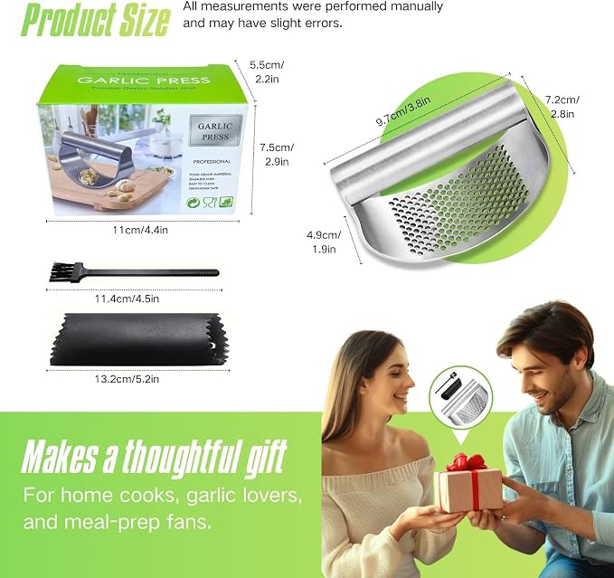 Stainless Steel Garlic Press Rocker with Bottle Opener, 304 Heavy Duty Garlic Mincer & Crusher Tool with Peeler and Cleaning Brush, Easy-Clean Garlic Chopper Kitchen Gadget