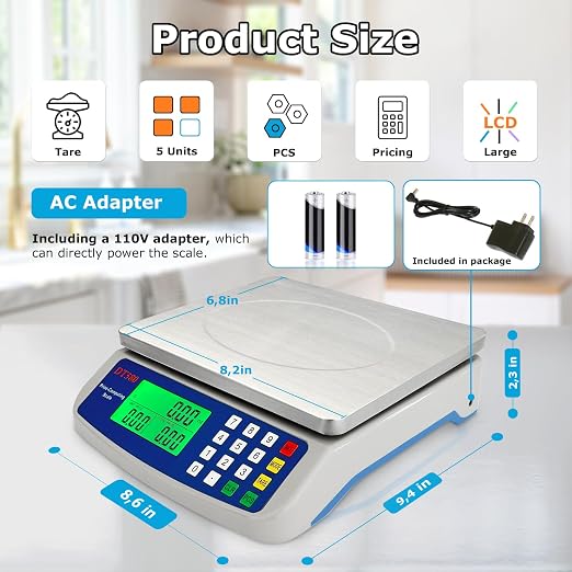 Large Digital Kitchen Scale 40kg/88lb Stainless Steel Price Computing Scale Counting Scale Deli Scale with LCD Display for Baking Bread Cooking Meat Prep Parts and Coins Adapter Included