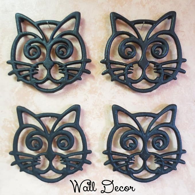Cat Trivet - Black Cast Iron - for Kitchen & Dining Table - More Than One Makes a Set for Counter, Wall Art or Decoration Accessory - Housewarming & Cat Lover Gifts - 6.6 by 6.3 in