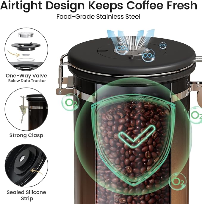 Veken Coffee Canister with Window, Airtight Stainless Steel Container, 22OZ | Kitchen Food Storage Pantry Organizers for Beans,Ground,Espresso,Rice,Tea,Sugar,Bar Accessories,Gifts,Lids,Jars, Scoop,Copper