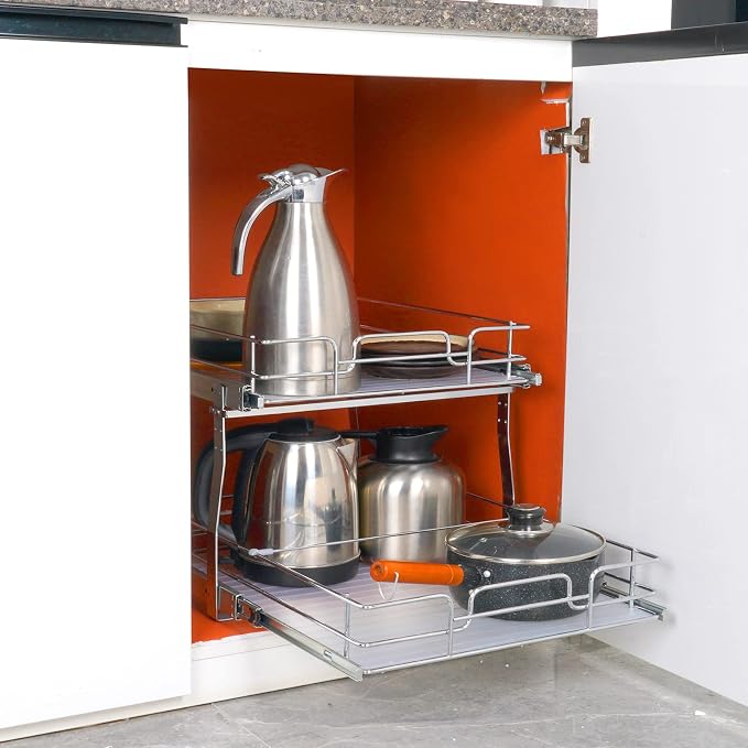 VEVOR 2 Tier 20"Wx21.2"Dx15.2"HPull Out Cabinet Organizer, Heavy Duty Slide Out Pantry Shelves, Steel Roll Out Drawers, Sliding Drawer Storage for Home, 21.5"Wx22.5"Dx19"H Install Size for Cabinet