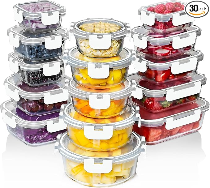 Razab 30 PC Glass Food Storage Containers with Lids - Reusable Glass Meal Prep Containers for Lunch and Leftovers - Airtight & Leakproof Snap Locking Lids - Oven, Freezer, Microwave, Dishwasher Safe