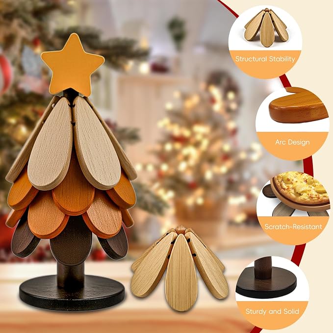Wooden Trivets for Hot Dishes, Wooden Trivet Tree Set, Natural Tree Trivet Set - Foldable Wood Coasters for Hot Pots Pans Bowls Teapots Cups, Kitchen Countertop Decor & Housewarming Gifts