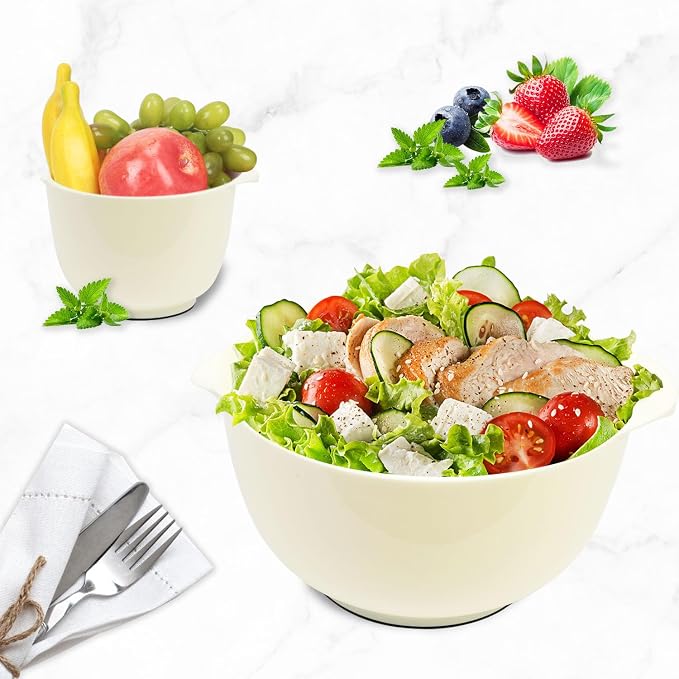 BoxedHome 4.5 Quart Large Plastic Mixing Bowls set with Pour Spout, Beige | BPA-Free Plastic, Microwave & Dishwasher Safe, 4-Piece (1.7, 2.5,3.5 & 4.5 Qt),Nesting Bowls for Space Saving Storage