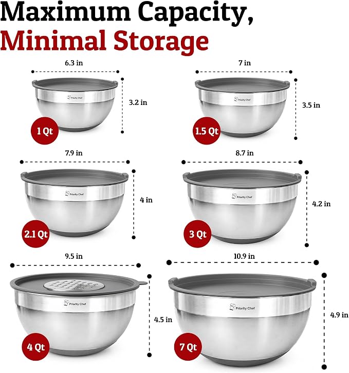 Priority Chef 6pc Stainless Steel Mixing Bowls with Lids Set, 7 Qt, Grey | 6pc Non-slip nesting bowls 1-7 qt, 3 graters & interior measurement marks; for meal prep, baking & airtight fridge storage