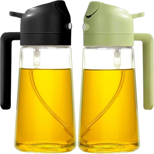 Oil Sprayer for Cooking 2 in 1, 470ml/16oz, Oil Spray & Dispenser Glass Bottle, Food-grade material for Kitchen, Salad Dressing, Frying, Air Fryer & BBQ (Green&Black)