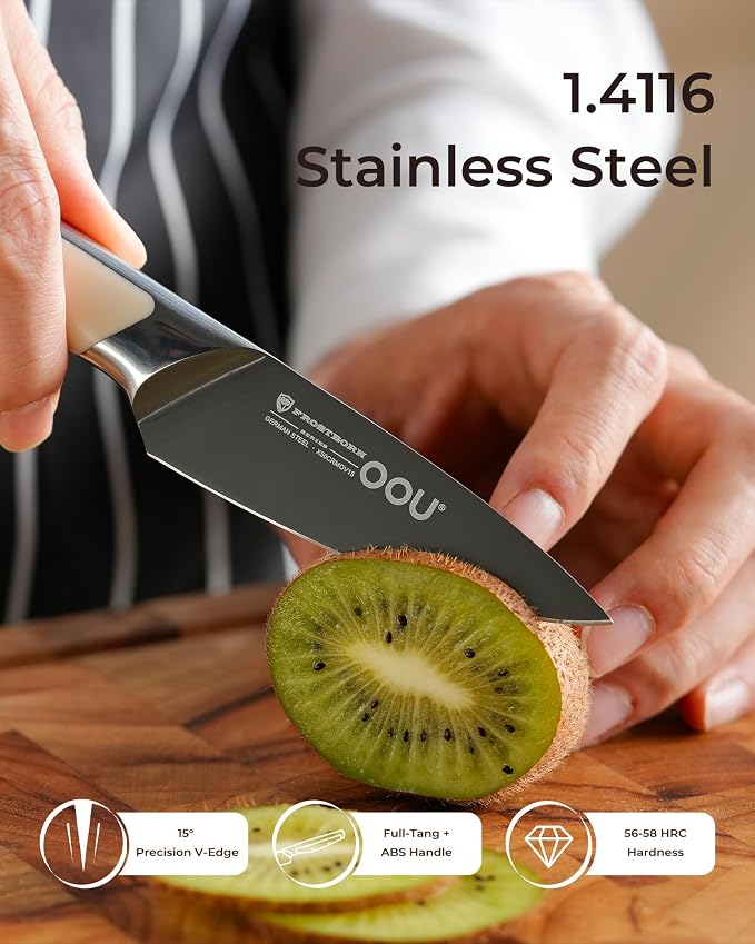 OOU 3.5'' Paring Knife, German 1.4116 Stainless Steel Kitchen Knife, Gunmetal Blade with AgShield & TinSharp Finish, Balanced ABS Handle, Sharp Utility Knife for Peeling, Trimming, Fruits