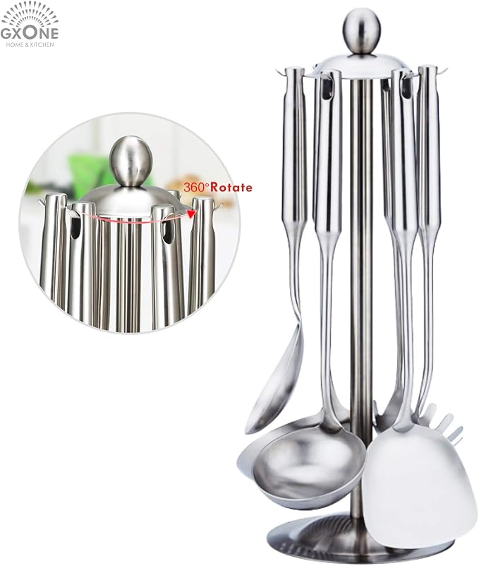 Kitchen Utensil Set – 6 Piece Stainless Steel Cooking Utensils with Rotating Holder Organizer Includes Slotted Spoon, Slotted Spatula, Large Spoon, Soup Ladle, Spatula, Pasta Server Silver/7PCS