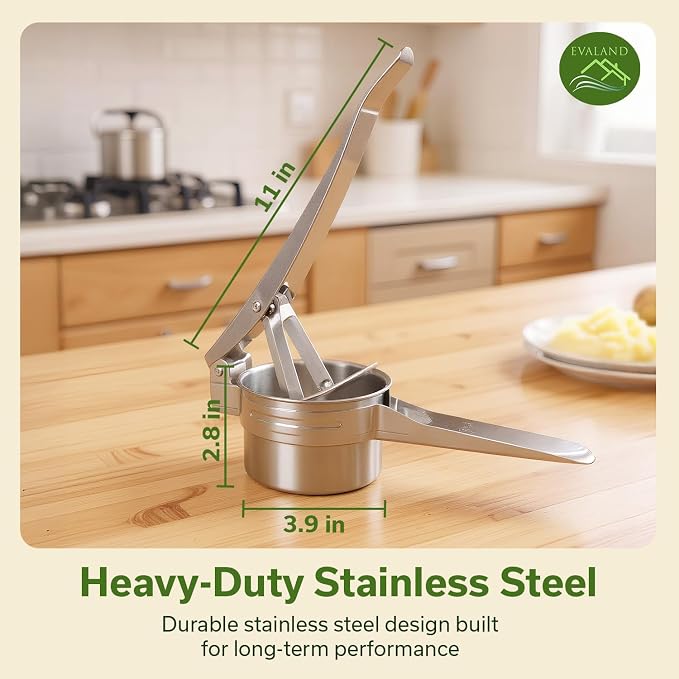 EVALAND Stainless Steel Potato Ricer and Masher - With 3 Interchangeable Disks, 15oz Heady Duty Ergonomic Potato Ricer For Mashed Potatoes Tool, Mash Potatoes Masher, Dishwasher Safe Spaetzle Maker
