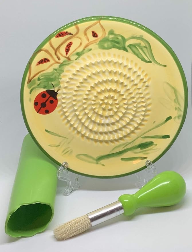 BonCera, All-in-one Premium Ceramic Garlic Grater Plate 4-Piece Set - Ladybug Design, Classic Style - For Garlic, Ginger, Chocolate, and more! - Comes with 5.25" Plate, Peeler, Brush, and Stand