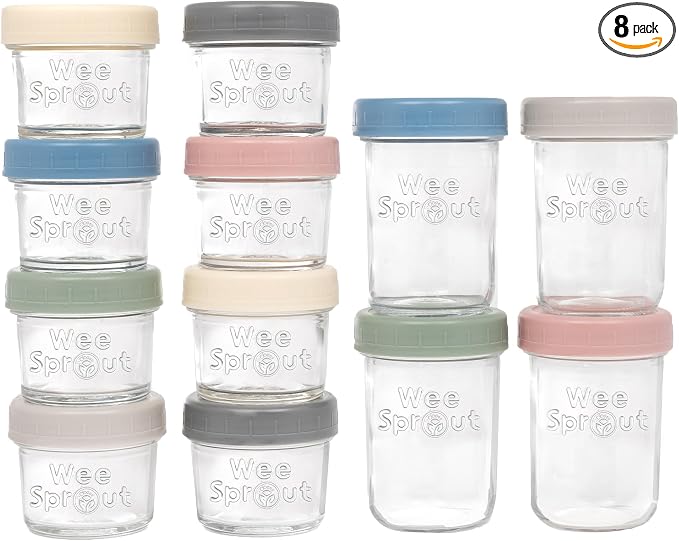 WeeSprout Glass Baby Food Storage Jars w/ Lids (4/8 oz, 12 Pack Set) Snack, Reusable Small Containers, Breast Milk, Fridge, Freezer, Microwave & Dishwasher Safe, Essential Must Have for Infants