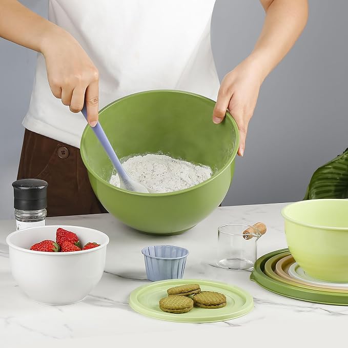 Greentainer Plastic Mixing Bowls with Lids Set for Kitchen, 5 Set Nesting Bowls for Mixing, Baking, Prepping, Cooking and Serving Food, Mixing Bowls Dishwasher, Microwave Safe