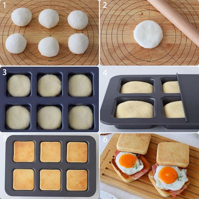 6 Cup Square English Muffin Pan with Lid Straight Side Hamburger Burger Bun Egg Sandwich Frittata Cinnamon Roll Focaccia Quiche Pancake Nonstick Baking Tin Tray Mold