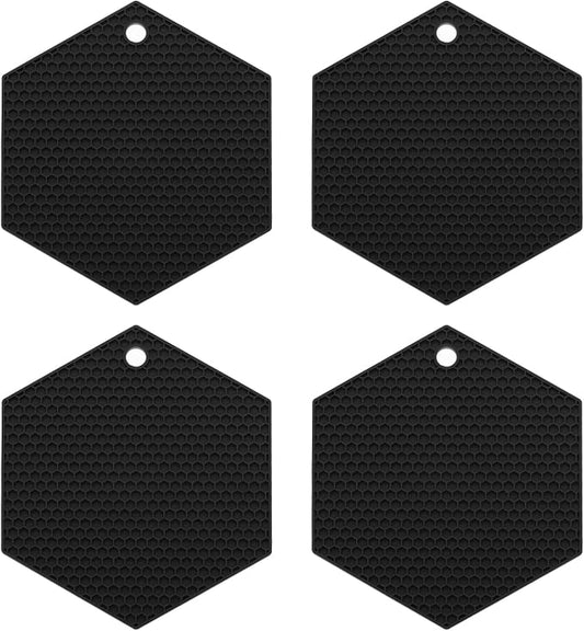 uxcell 4pcs Silicone Hexagonal Trivets, Non-Slip Heat Resistant Silicone Pot Holders, Black