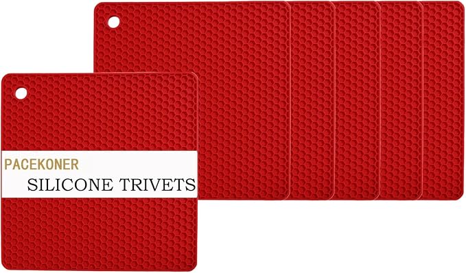 6-Pack Silicone Trivet Mats, Heat Resistant Hot Pads, Dishwasher Safe Kitchen Mats, BPA-Free Pot Holders for Table, Countertop, Stove, Honeycomb Design (Red, 7" Square)