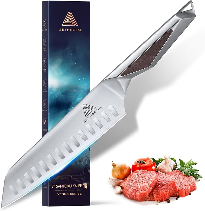 7 Inch Santoku Knife, Full Tang Kitchen Knife with Hollow-Ground Blade, High Carbon Stainless Steel Chef Knife for Meat, Vegetables & Fruits, Ergonomic Metal Handle, Premium Gift Box