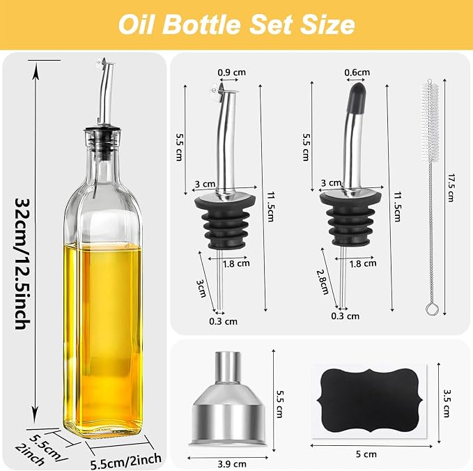 Olive Oil Dispenser Bottle, 1 Pcs Glass Oil and Vinegar Dispenser Set with 2 Stainless Steel Pourers, 2 Labels,1 Brush and 1 Funnel Oil Bottles for Kitchen (17oz/500ml)