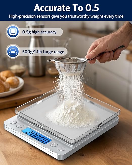 Digital Food Scale 500g/0.01g Gram Scale, Upgraded Mini Pocket Scale with 6 Units, 2 Trays, Auto Off, Tare, PCS for Food, Jewelry, Coin, Coffee (2 AAA Batteries Included)