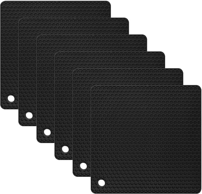 Trivets for Hot Dishes, Silicone Trivet Mat Hot Pads for Kitchen Pot Holder, Silicone Trivets for Pots and Pans, Multi-Purpose Heat Resistant Silicon Trivet Mat for Tabletop Black Pack 6