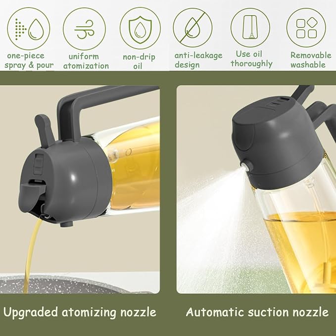 Oil Dispenser for Kitchen, 2 in 1 oil Dispenser and Oil Sprayer, 470ml Oil Sprayer for Cooking, Food Grade Oil Mist Spray Bottle (Black)