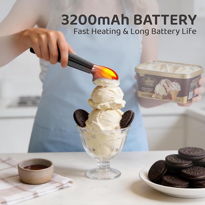Heated Ice Cream Scoop Rechargeable, OHIYO Electric Icecream Scooper with 3 Temperature, LED Display & 3200mAh Fast Heating Scoop for Hard Ice Cream, Gelato, Frozen Yogurt & Sorbet (Black)