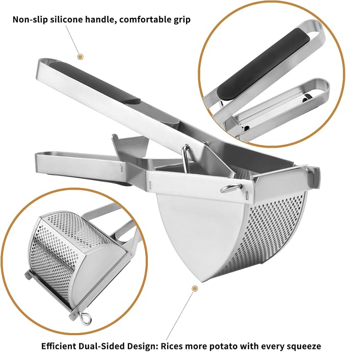Heavy Duty Potato Ricer, Large 22oz Potato Masher, Stainless Steel Press and Mash Kitchen Gadget for Mashed Potatoes, Spaetzle Maker with Silicone Handle