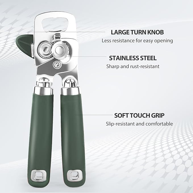 Safring Can Opener Manual, Heavy Duty Stainless Steel Smooth Edge Can Opener With Soft Touch Handle, Oversized Handheld Easy Turn Knob, Multi-Function Bottle Opener, Hunter Green