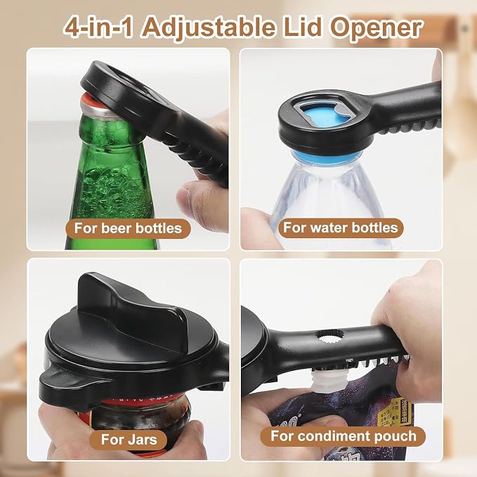2026 New 4-in-1 Jar Opener-Adjustable Stainless Steel Lid Remover for Seniors & Arthritis,Non-Slip Grip Fits 1″-3.5″Jars,Bottles & Cans(Brown)
