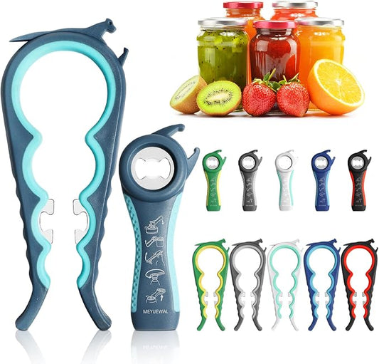 Jar Opener, 6 In 1 Bottle Opener Can Opener for Weak Hands, Jar Openers for Seniors with Arthritis, Multifunctional Lid Opener Kit, Easy Jar Opener Tool for Elderly Adults Kids (Blue)