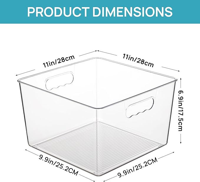 Vtopmart 6 Pack Extra Large Clear Storage Bins, 11x11 Cube Organizer | Acrylic Cube Storage Bins, Plastic Containers with Handle for Pantry, Kitchen, Closet, Laundry Room, Bathroom, Under Sink
