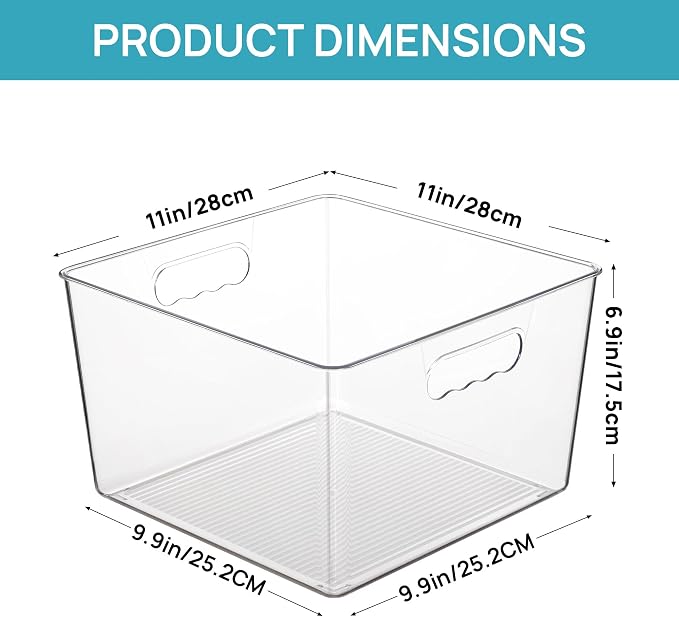 Vtopmart 4 Pack Extra Large Clear Storage Bins, 11x11 Cube Organizer | Acrylic Cube Storage Bins, Plastic Containers with Handle for Pantry, Kitchen, Closet, Laundry Room, Bathroom, Under Sink