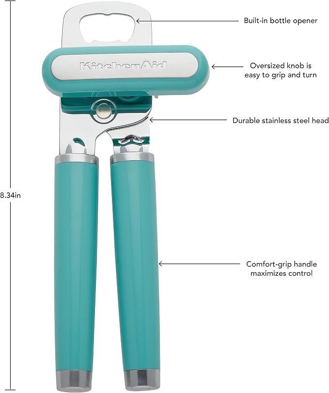KitchenAid Classic Multifunction Can Opener/Bottle Opener, 8.34-Inch, Aqua Sky and KitchenAid Measuring Cups, Set Of 4, Aqua Sky
