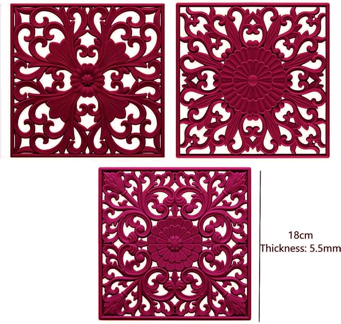 Silicone Trivets for Hot Dishes, Heat Resistant Mats for Pots & Pans, Square Hot Pads for Kitchen Counter, Multi Function Trivet Mat, Flexible Silicone Pot Holders Mats Set of 3 Burgundy