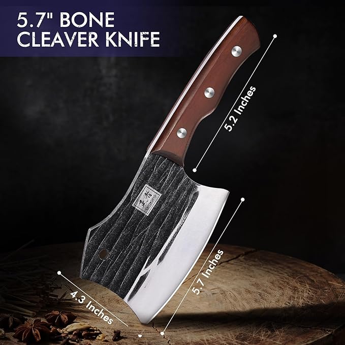 ENOKING 5.7" Bone Cleaver Knife, Heavy-Duty Butcher Knife with Full Tang Hand-Forged Blade, Meat & Bone Chopper with Leather Sheath for Kitchen