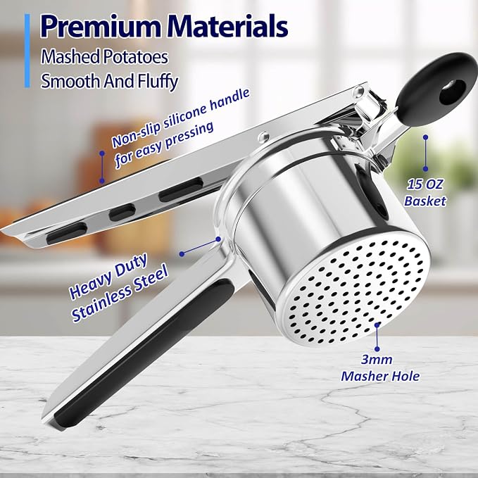 SPEENSUN Potato Ricer,15oz Stainless Steel Ricer for Mashed Potatoes | Heavy Duty Fixed Disc Potato Press with Silicone Handle, Makes Fluffy Mashed Potatoes, Also Works as A Spaetzle Maker