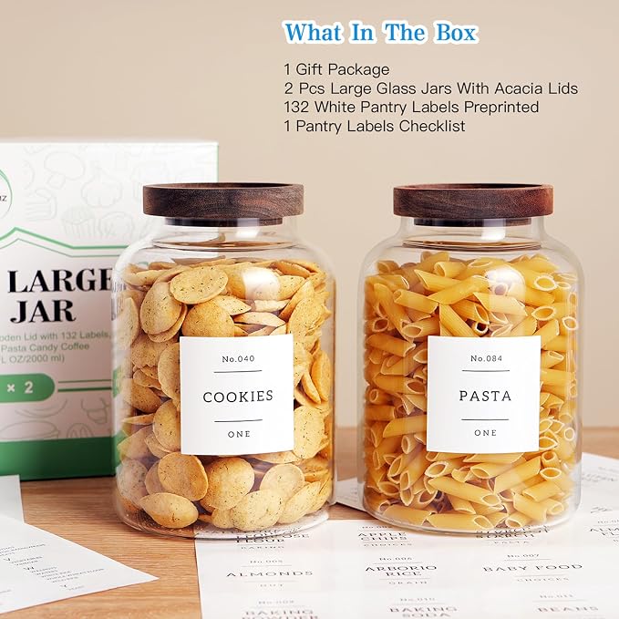 CZHQSMZ Set Of 2 Large Glass Jar with Wooden Lid with 132 Labels, Glass Storage Jars for Flour Pasta Candy Coffee Cookie and More(70 FL OZ/2000 ml)