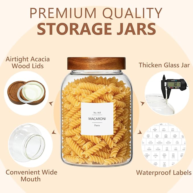KEYWING 100oz Glass Food Storage Jars with Acacia Lids Flour Container 2Pcs | Airtight Wide Mouth Pantry Storage Containers Canister Set for Sugar, Rice, Eggs, Cereal, Cookies, 100fl.oz with 126 Labels