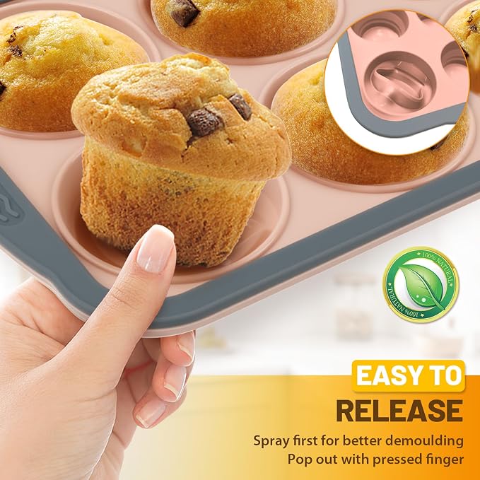 Silicone Muffin Pan, 6 Cups Non-Stick Cupcake Pan, Food-Grade BPA-Free Muffin Tin, Oven-Safe 450 °F, Reinforced Steel Frame, Easy-Grab Handles, Quick-Release 2.7" Baking Molds for Mini Treats