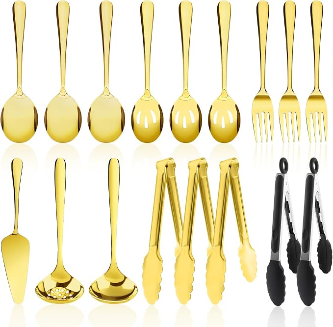 17PCS Serving Utensils Set Flatware, Stainless Steel Serveware Large Serving Spoons, Slotted Spoons, Forks, Tongs, Cake Server,Soup and Skimmer Spoon for Buffet, Catering, Party, Dinner (Gold)