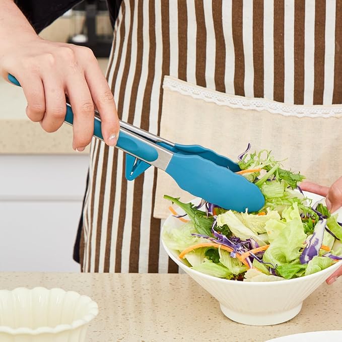 9" Kitchen Tongs, 3Pcs Tongs for Cooking with Silicone Tips, Food Grade Small Silicone Tong, Mini Serving Tong for BBQ Salad(Gradient Blue)