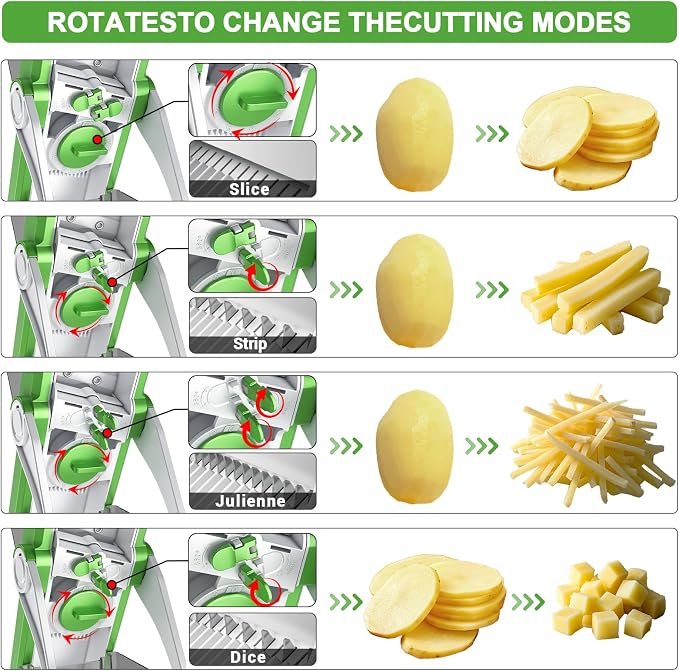 SupMaKin Upgrade Safe Mandoline Slicer, Vegetable Chopper, Potato Slicer 4 Modes Adjustable Thickness Food Cutter, Kitchen Chopping Artifact (6 in 1 Green)
