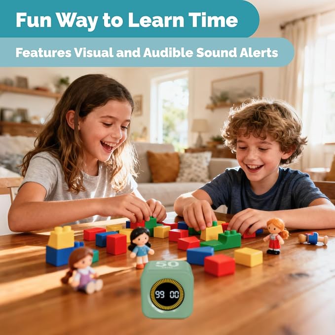 KADAMS Pomodoro Timer – Visual Timer Cube, LED Countdown Ring & Count Up Mode, Silent Flip Productivity Timer for Study, Classroom, Office, Cooking (Green 5-10-25-50 min)