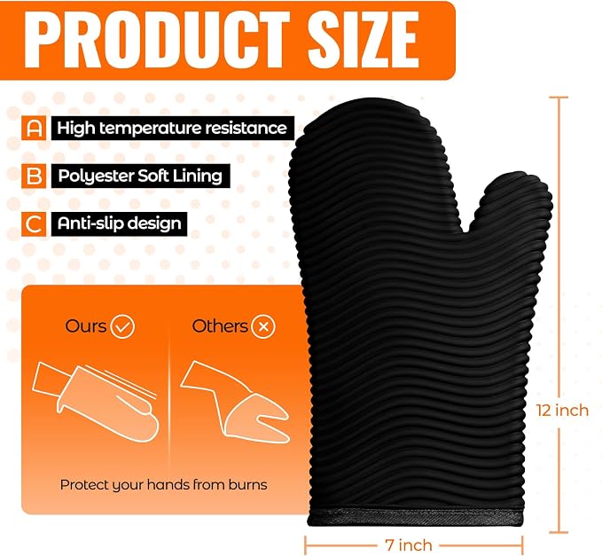 YUTAT Silicone Oven Mitts,Heat Resistant 2PCS Oven Mitts with Soft Polyester Filling,Kitchen Potholder Set - Perfect for BBQ, Baking and Cooking,Black